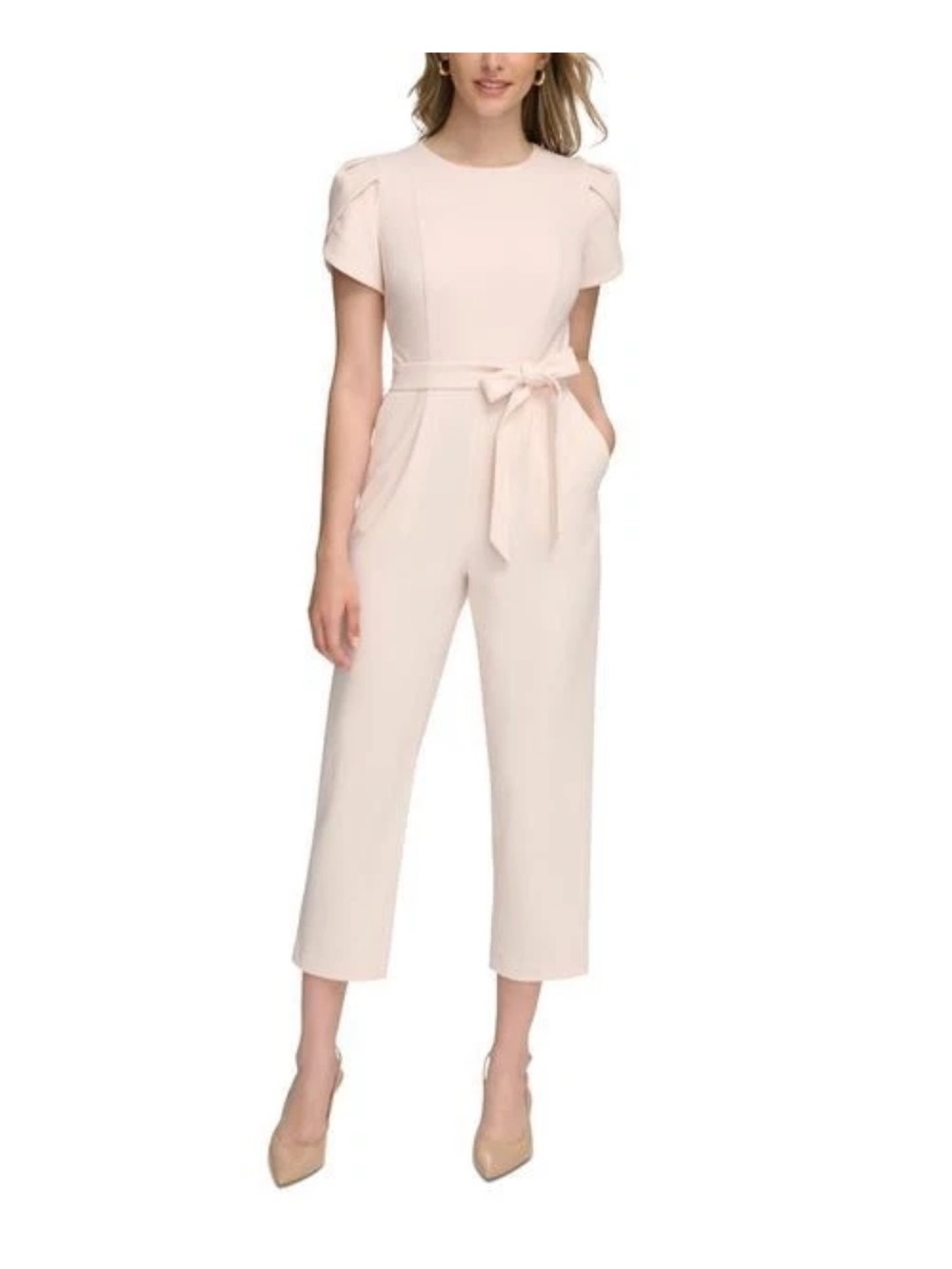 Calvin Klein Tie-Waist Tulip Sleeve Jumpsuit Pink Blossom Women's Size 6